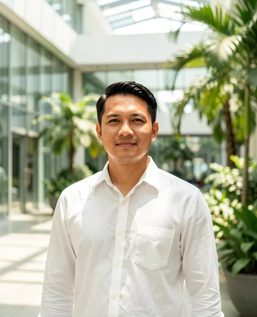 Indonesian man photographed in a modern architectural setting