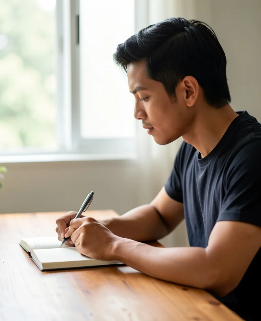 An Indonesian man journaling at a desk near a window