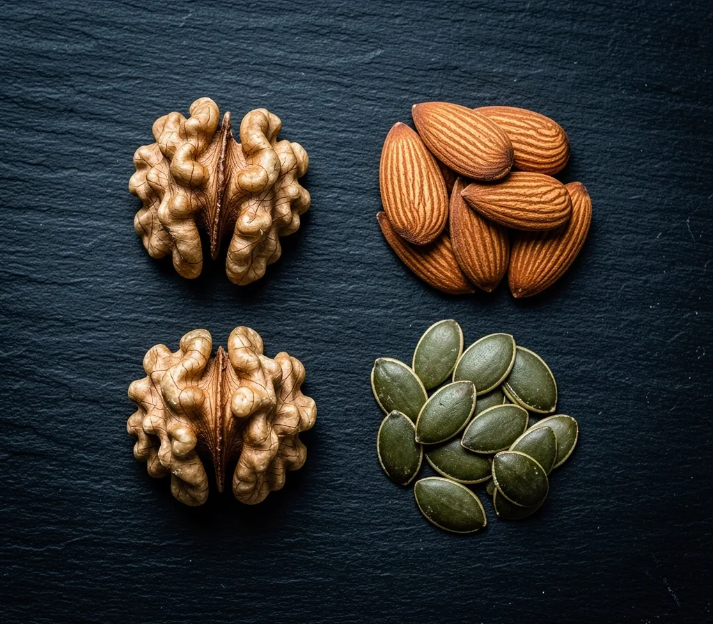 Assorted nuts and seeds arranged on a dark slate surface