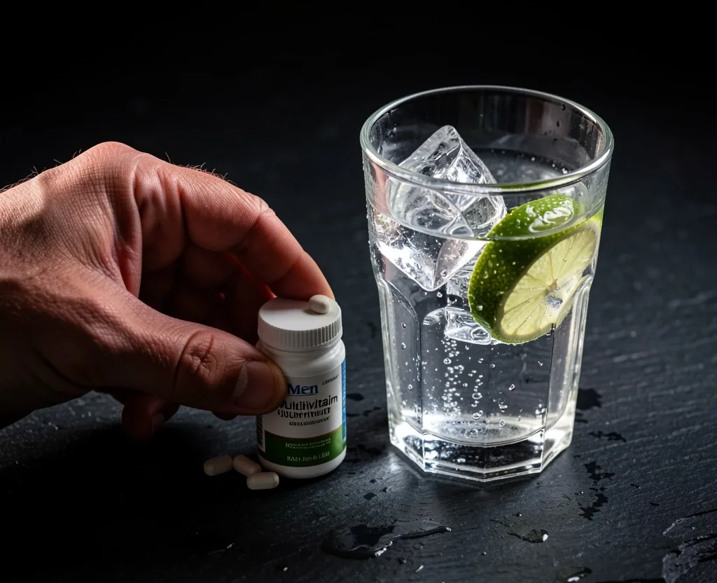 Glass of water with lemon and mineral-rich seeds on a dark surface