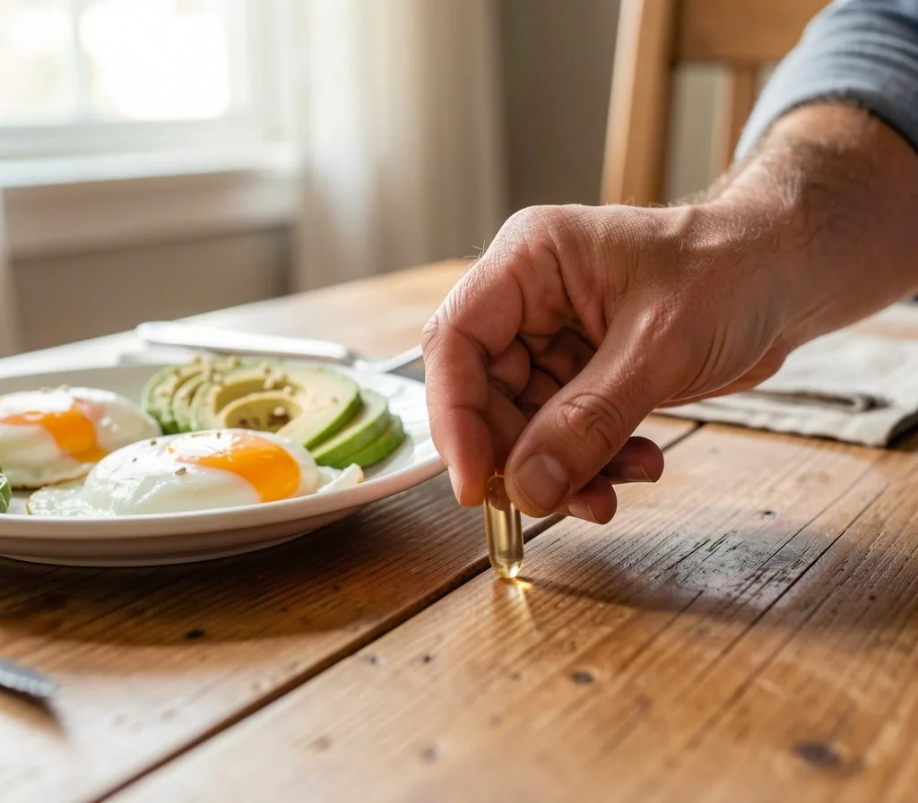 Morning breakfast with a supplement capsule and water